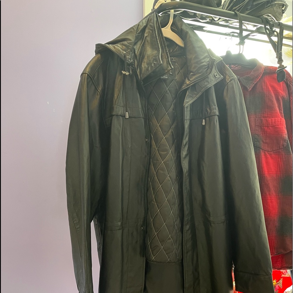Leather jacket with removable hood